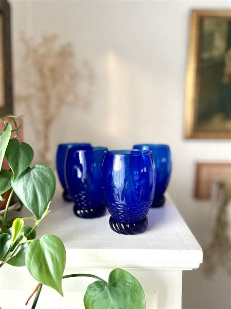 4 Vintage Cobalt Blue Tumblers Vintage Deep Blue Juice Glasses Cobalt