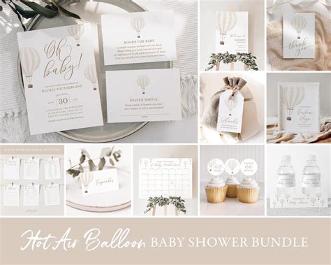 Neutral Hot Air Balloon Baby Shower Invitation Bundle Printable Gender Neutral Baby Shower