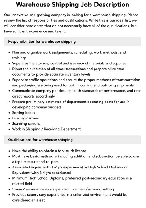 Warehouse Shipping Job Description Velvet Jobs