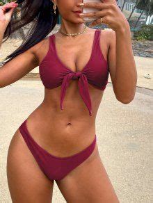 Scrunch Butt Knotted Thong Bikini In Burgundy Zaful