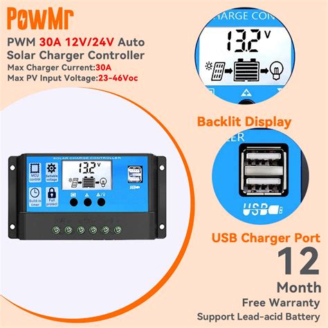 PowMr PWM Solar Charger Controller 30A 12V 24V Battery Charger LCD Dual