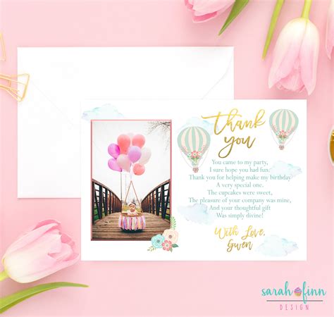Birthday Thank You Card Hot Air Balloon Party Balloon Photo Etsy