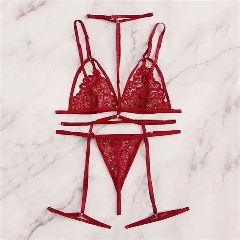 Halter Bra Set Women Sexy Lingerie Set Solid Mesh Lace Patchwork Chemises Underwear Set With