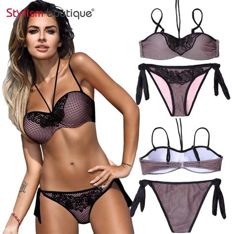 SALE Mesh Bikini Set Patchwork Lace Swimwear Halter Women Bandeau Swimsuit Female Sexy