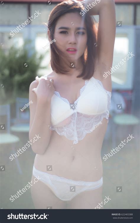 Sexy Beautiful Asian Woman White Lingerie Stock Photo