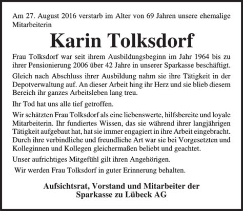 Traueranzeigen Von Karin Tolksdorf Trauer Anzeigen De