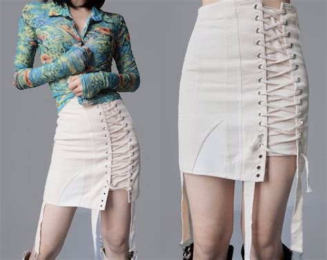 Bondage Lingerie Corset Sheath Tight Skirt Ercu Linen Cream Cotton Pin Up Clingy Mini Lace Up