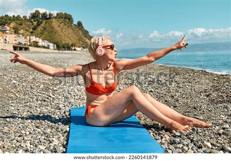 Blond Sexy Woman Red Bikini Listening Stock Photo Shutterstock
