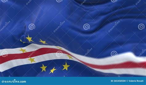 Close Up View Of The Cape Verde National Flag Waving In The Wind Stock