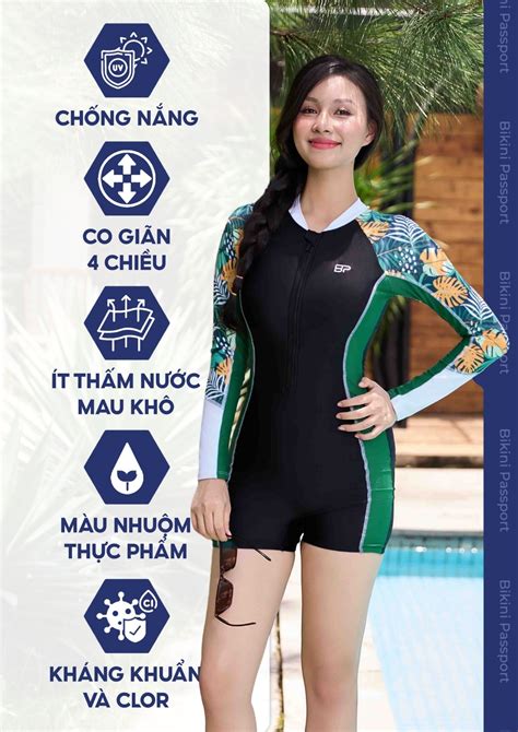 Đồ bơi Nữ BIKINI PASSPORT kiểu Một mảnh quần short áo tay dài màu Xanh lá cây