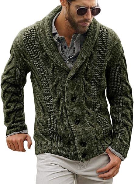 Mens Cable Knit Cardigan Sweater Shawl Collar Loose Fit Long Sleeve