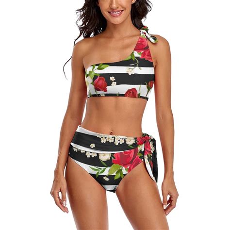 Bikinis Feminine Up Push Set Bikini Graphic Swimwear Waist High Flowers Peach And Pink