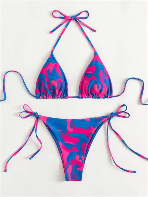 SHEIN Swim Vcay Bañador bikini con estampado de camuflaje triángulo con cordón lateral Moda de