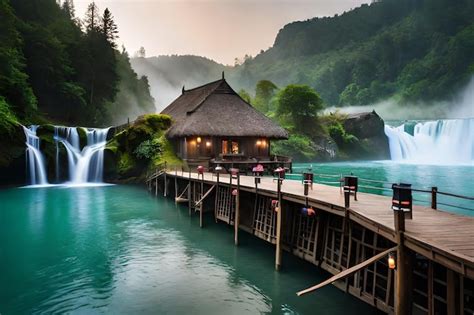 Premium Ai Image A Cabin On A Lake With A Waterfall In The Background