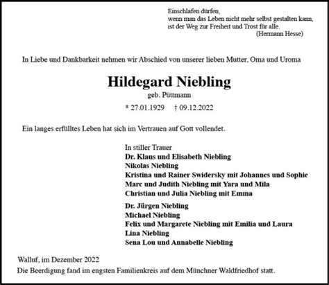 Traueranzeigen Von Hildegard Niebling Vrm Trauerde