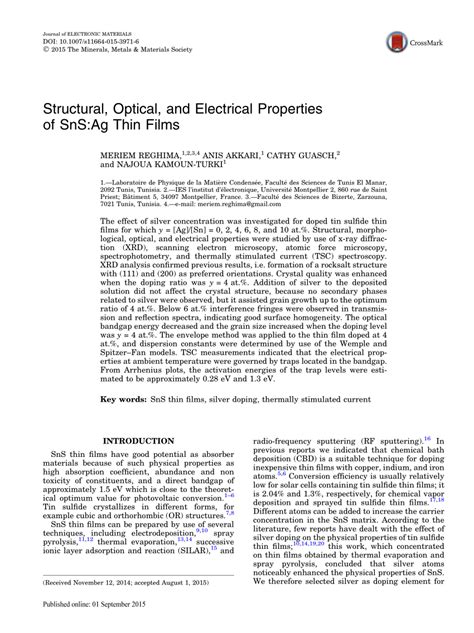 Pdf Structural Optical And Electrical Properties Of Snsag Thin Films