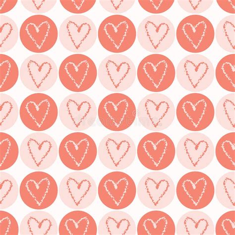 Vector Coral White Pink Textured Heart Circles Seamless Repeat