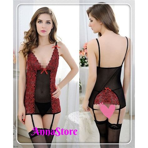 READY STOCK Anna Lingerie Sexy Lace Gartered Chemise And Gstring Shopee Malaysia
