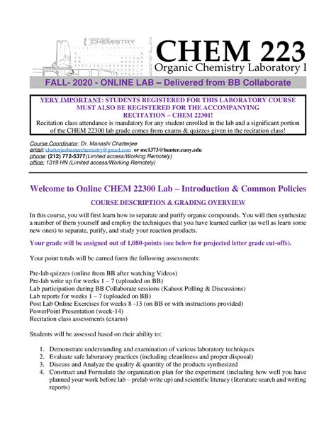 Lab 223 Syllabus Coursework Of The Course FALL 2020 ONLINE LAB