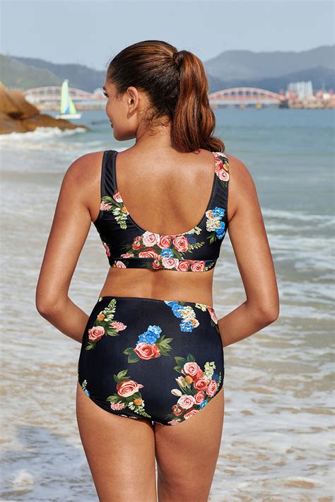 Black Floral V Neck Stylish Bikini Set