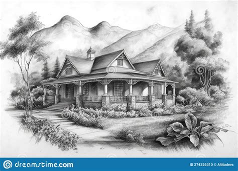 Pencil Sketch Of Classic House Surrounded By Lush Greenery With
