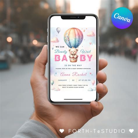 Editable Teddy Bear Hot Air Balloon Baby Shower Invitation Template