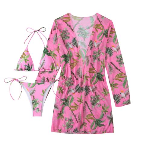 Taqqpue Womens 3 Piece Swimsuits Sexy Triangle Bikini Thong Bottoms With Long Sleeve Maxi