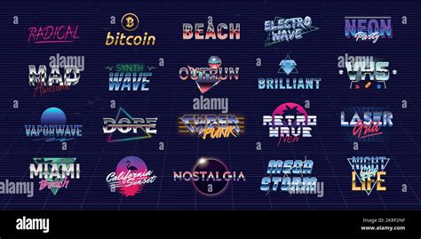 Vector set of futuristic logos in Retro 80s style. Vaporwave, Synthwave ...