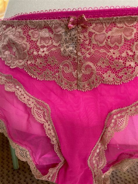 Y K Victoria S Secret Hot Pink Sheer Mesh Panties With Beige Lace Sz M Etsy