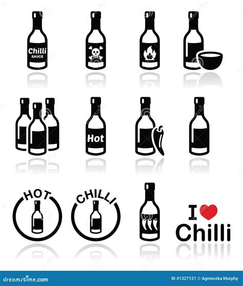 Hot Chilli Sauce Bottle Icons Set Stock Illustration Illustration Of