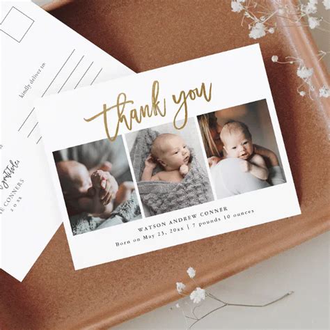 Simple Gold Script 3 Photo Baby Thank You Postcard Zazzle