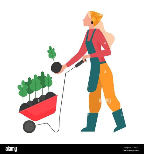 Gardener Girl Planting Plants Gardening Flowers Farming Hobby Flat Vector Illustration Stock