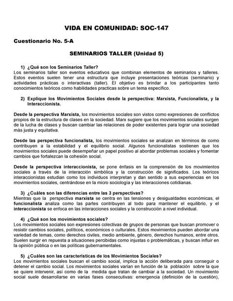 Cuestionario Soc No A Vida En Comunidad Soc Cuestionario No