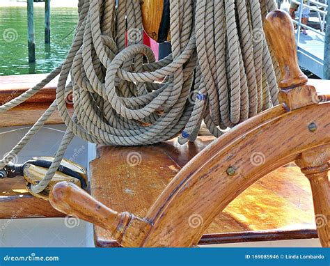 Old Sailing Ship Closeup Detail Of Ship S Wheel Rope And Rigging Stock