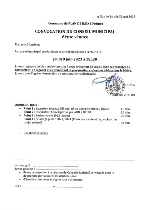 Plan De Baix Convocation Au Conseil Municipal Du