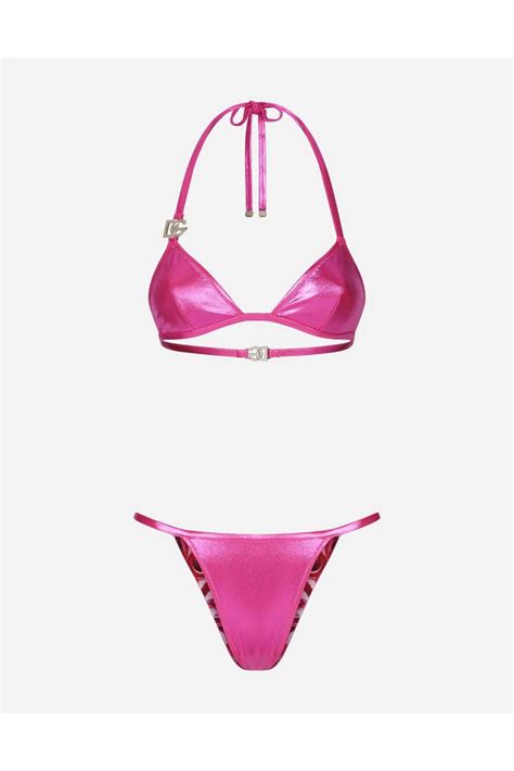 Dolce Gabbana Laminated Triangle Bikini Top With Dg Logo Pink