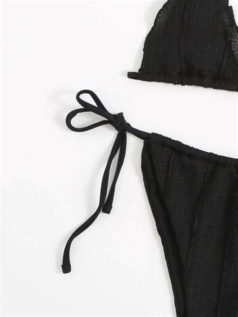 Lettuce Trim Halter Triangle Tie Side Bikini Swimsuit SHEIN USA