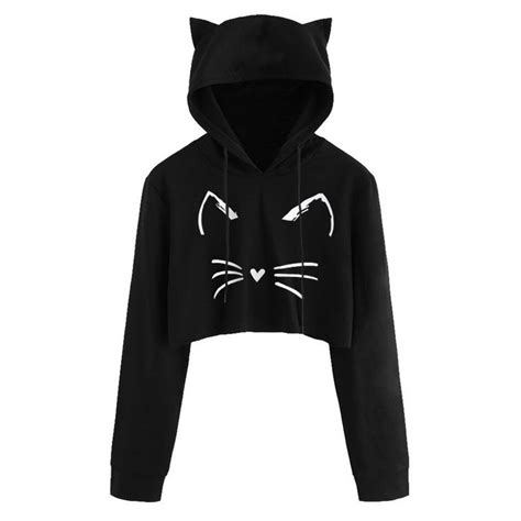 Womens Cat Printed Ear Hoodies Jumper Pullover Long Sleeve Sweatshirt