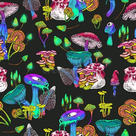 Seamless Decorative Pattern With Magic Psychedelic Mushrooms Vector