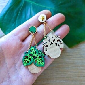 Monstera Hanging Planter Hand Painted Layered Wood Earrings Etsy