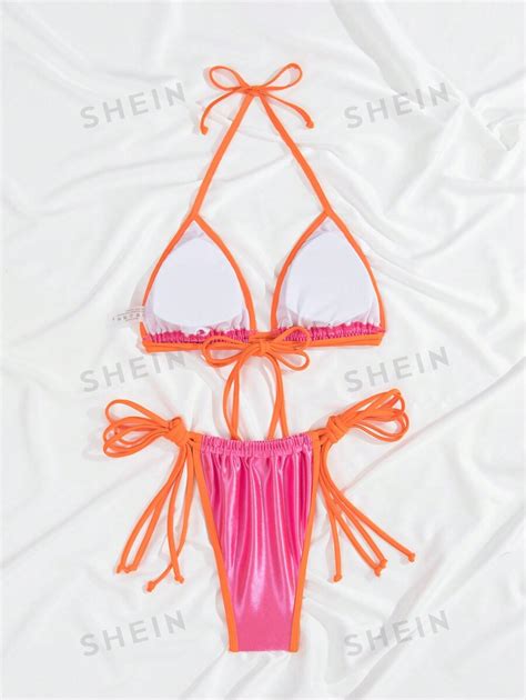 SHEIN Swim Conjunto de bikini de bloques de color con ribete de contraste para señoras conjunto