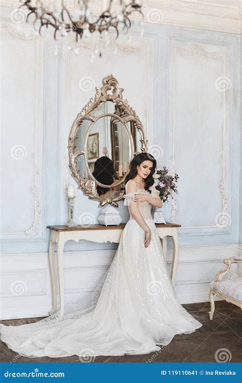 Beautiful Bride Charming Model Brunette Girl In Stylish Wedding Lace Dress With Naked Shoulders