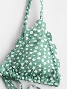 33 OFF 2020 ZAFUL Ribbed Ditsy Print Scalloped String Bikini Swimwear In LIGHT GREEN ZAFUL