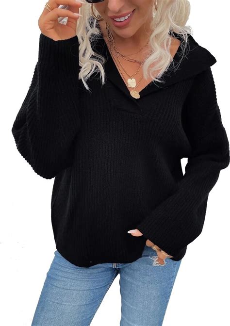 Xirsiina Women Overized Long Sleeve V Neck Knitted Polo Pullover Sweater Jumper Tops Black