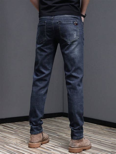 Calça Denim Masculina Reta Com Bolso Inclinado Slim Lavagem Com Efeito De Arranhaduras De Gato