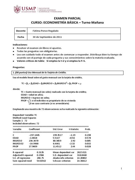 PDF Examen Parcial de Econometria Básica t Mañana 2011 II DOKUMEN TIPS