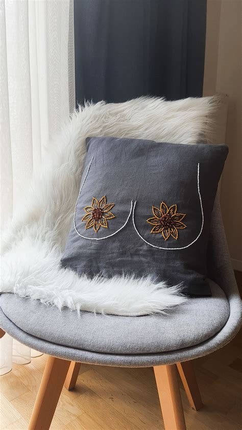 Boob Pillow Cover Line Art Sunflower Embroidery Handmade Etsy