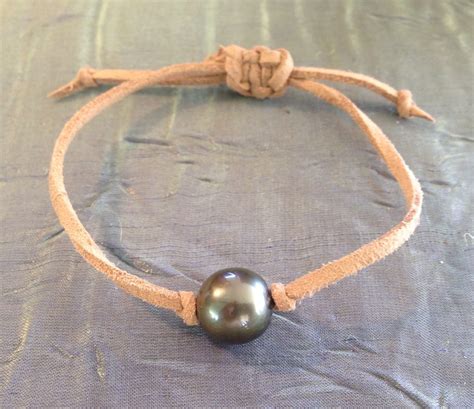 Tahitian Black Pearl Bracelet on Leather. - Etsy