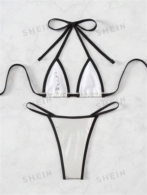 Women Vacation Gold Tone Metal Necklace Strap Simple And Fashionable Bikini Set Micro Bikini