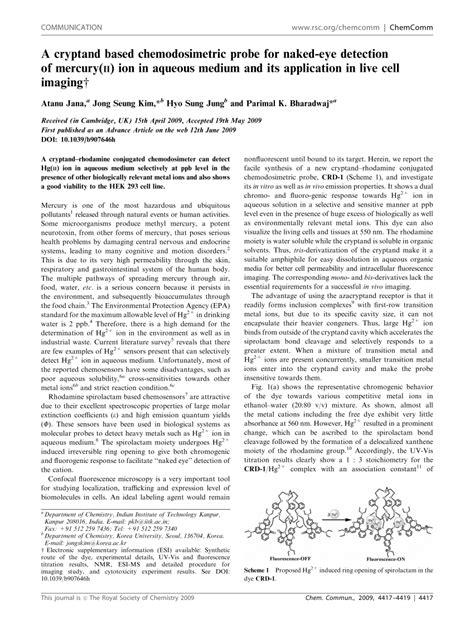PDF A Cryptand Based Chemodosimetric Probe For Naked Eye Detection Of Mercury II Ion In